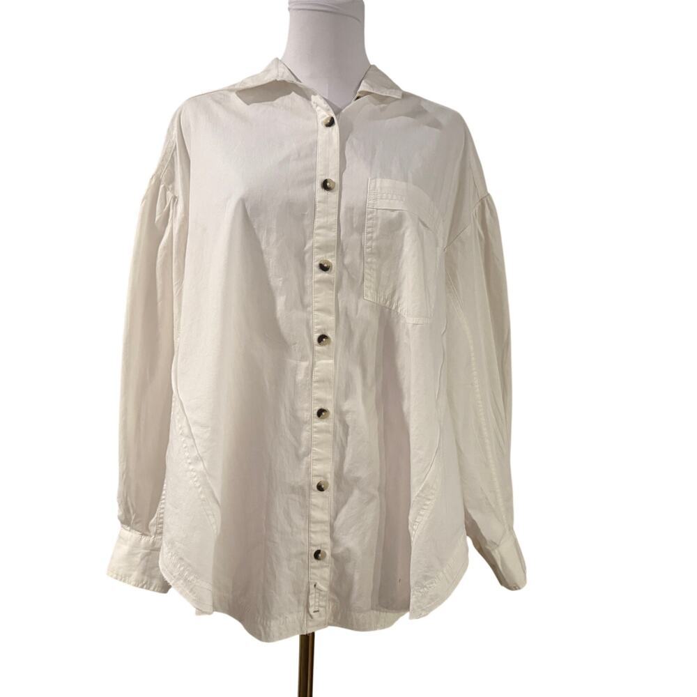 We The Free White Oversized Button Up Shirt Small 100% Cotton Balloon Sleeve